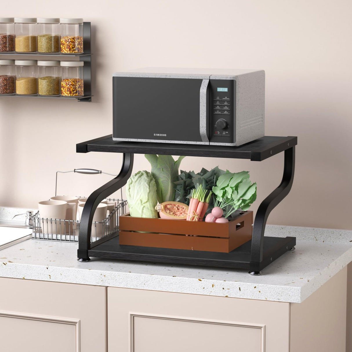 URLINE Printer Stand with Storage 2 Tier Desktop Shelf Printer Table Organizer Anti-Slip Heavy Duty Modern Wooden Shelf for Office Home,Black URLINE