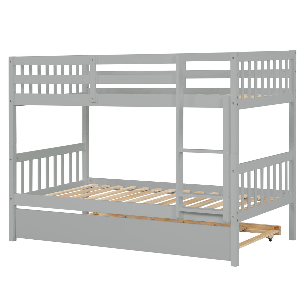 PVWIIK Twin Over Twin Bunk Bed with Trundle and Ladder for Kids Bedroom,Wood Bed Frame with Safety Rails,Convertible to 2 Bed,No Box Spring Needed,Grey PVWIIK