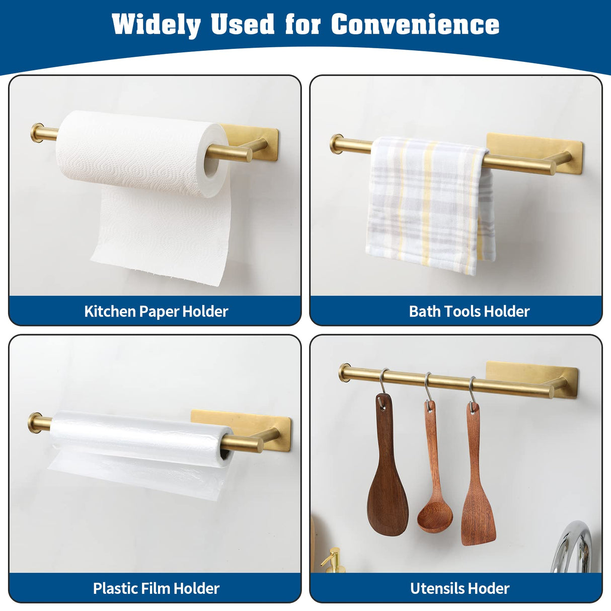 theaoo Gold Paper Towel Holder for Kitchen, Adhesive Under Cabinet Paper Towel Roll Rack for Bathroom Towel, Wall Mounted Matte Black, SUS304 Stainless Steel theaoo