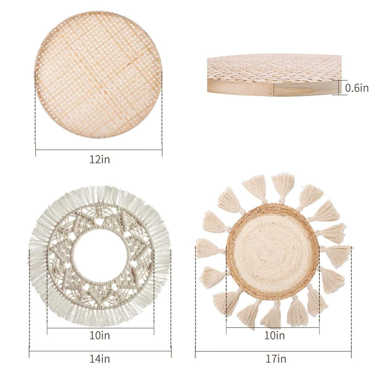 LOCS MICRAI Boho Wall Basket Decor Set of 3 - Flat Woven Basket Wall Hanging Decor,Round Tassels White Macrame Tapestry Wall Decor Art,Handmade Rattan Wicker Seagrass Home Wall Baskets Decor LOCS MICRAI