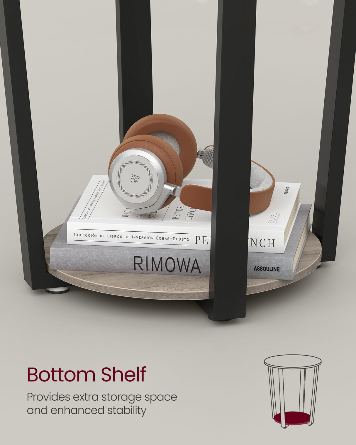 VASAGLE End Table, Round Side Table with Storage Shelf, Easy Assembly, Industrial Accent Furniture with Steel Frame, Heather Greige and Black ULET057B02 VASAGLE