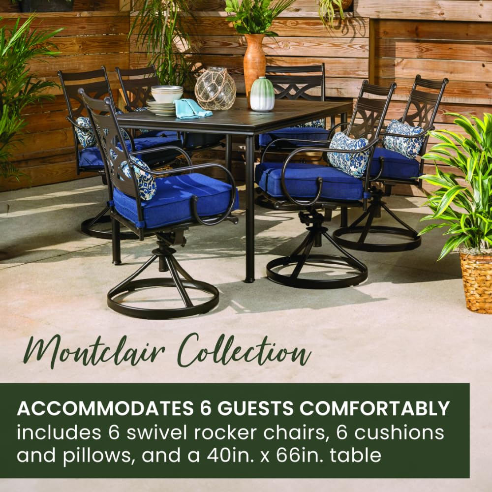 Hanover Montclair 7-Piece Outdoor Dining Set with 6 Swivel Rockers, Navy Blue Cushions and Stamped Steel Rectangular Dining Table, Patio Dining Set for 6, Premium All-Weather Patio Furniture for Deck Hanover