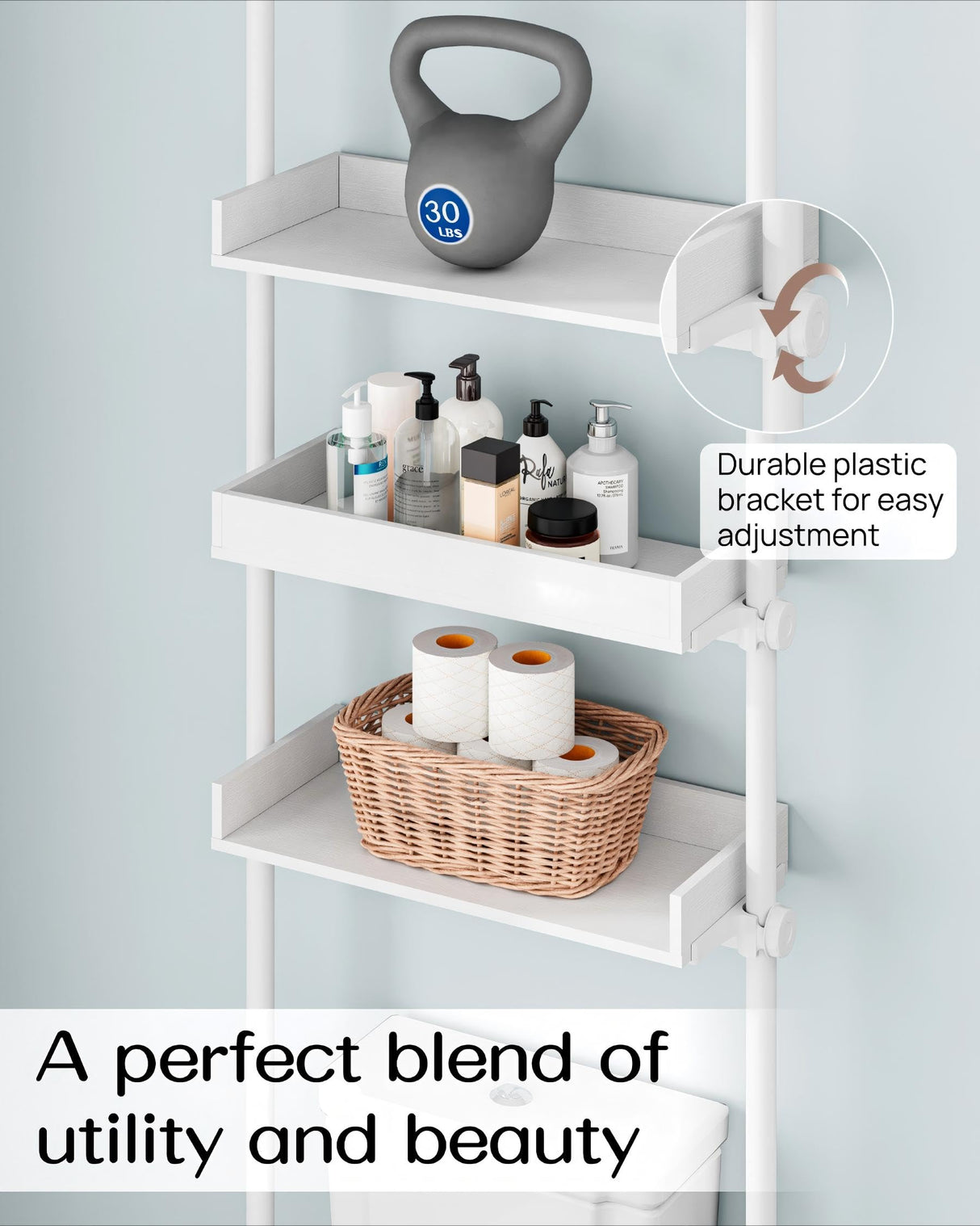 ALLZONE 4 Tier Over The Toilet Storage, Adjustable Wood Over Toilet Bathroom Organizer, Freestanding Shelves, Fit Most Showers Over The Toilet Shelf, 92 to 116 Inch Tall, White ALLZONE