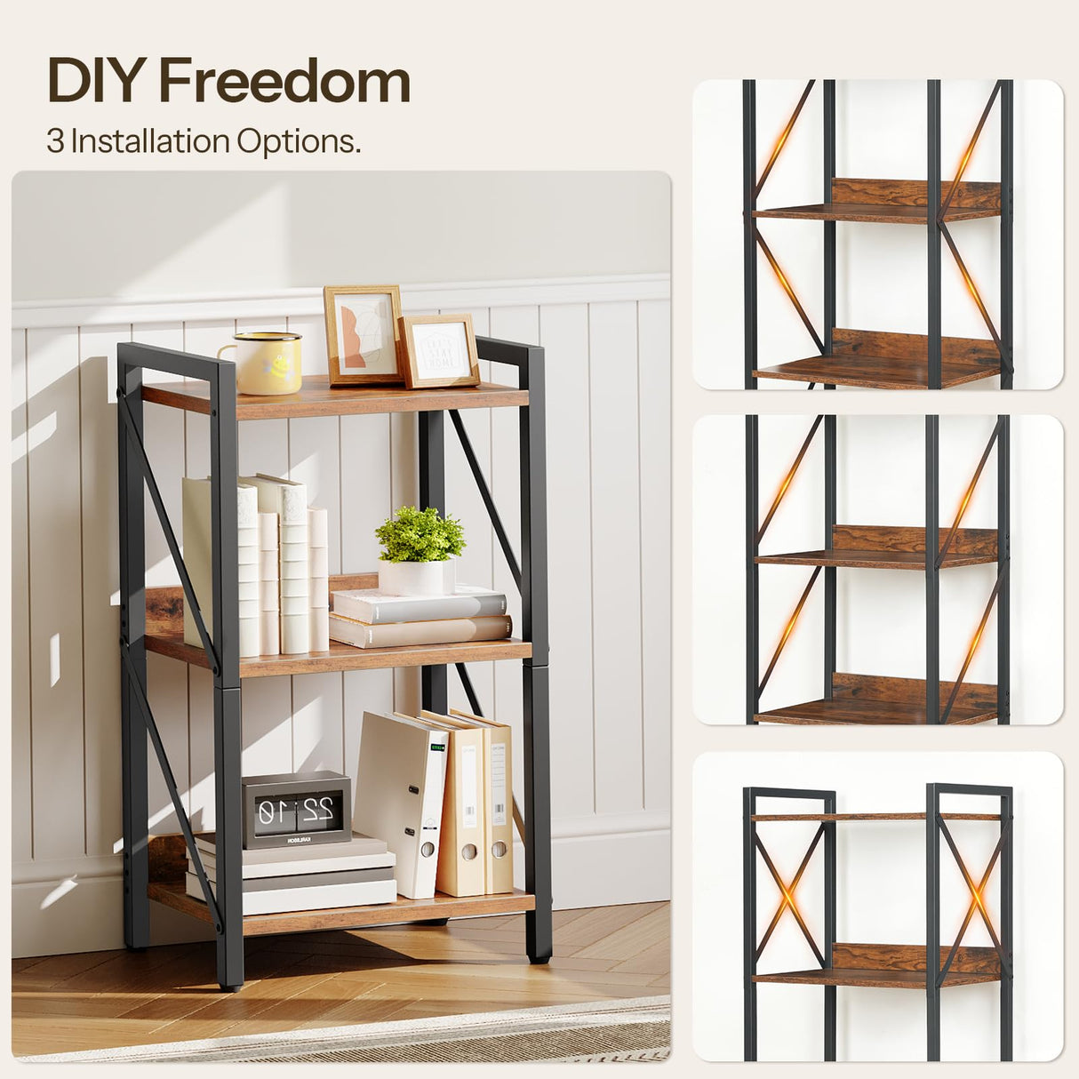HOOBRO Bookshelf, 3-Tier Industrial Bookcase, Book Shelf Storage Organizer, Small Bookshelf with Metal Frame for Living Room, Bedroom, Home Office, Kitchen, Rustic Brown and Black BF71SJ01 HOOBRO
