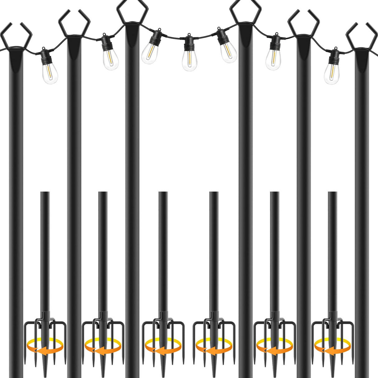 6 Pack 10 ft Heavy Duty Metal String Light Poles Adjustable Outdoor Lighting Stand for Patio,Backyard,Garden,Party & Wedding Rustproof & Sturdy with Hooks talkhigh