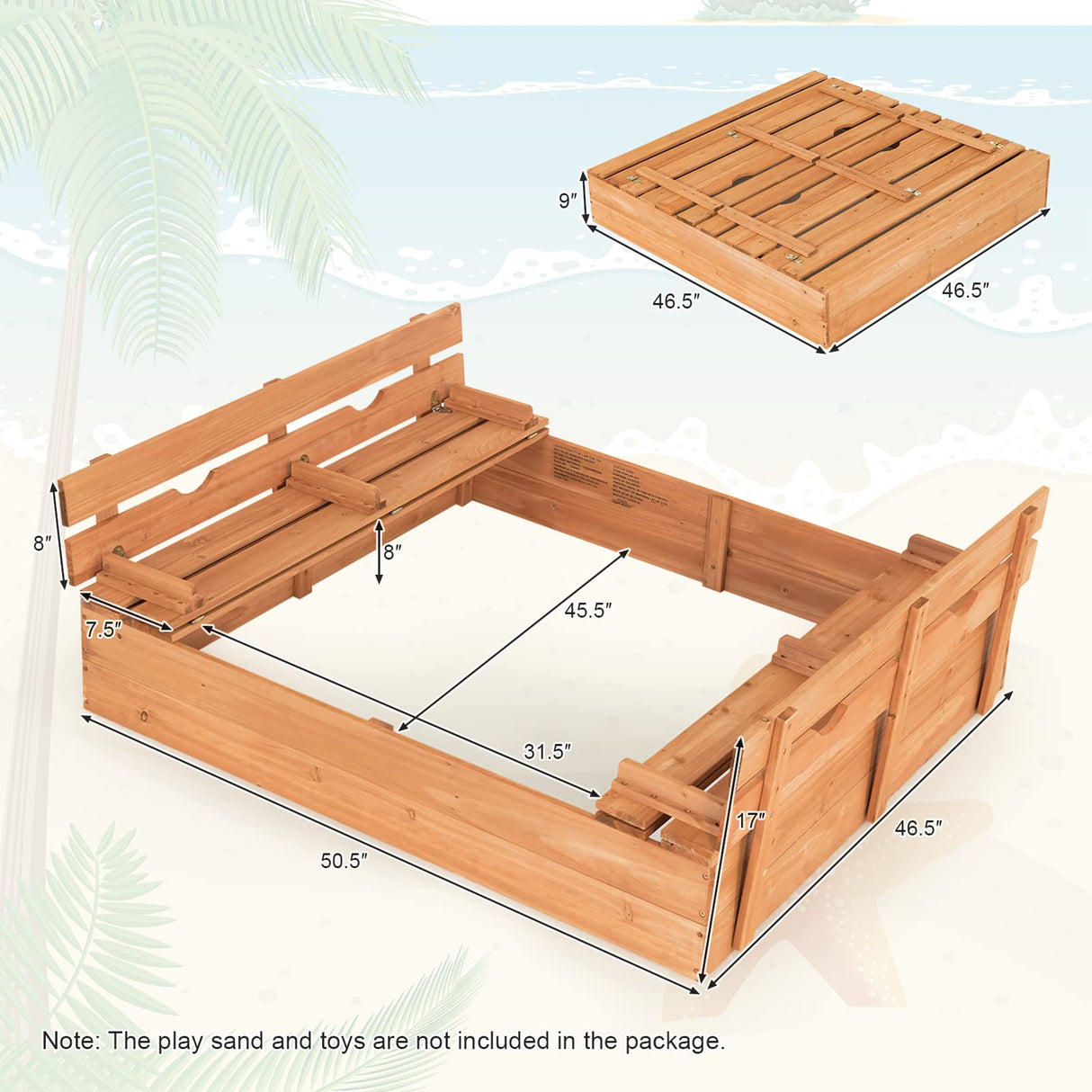 HONEY JOY Sandbox with Cover, 47x47 in Cedar Bottomless Sand Pit for Backyard Deck Patio Lawn, 2 Foldable Bench for Sand Protection, Square Wooden Sand Boxes for Kids Outdoor with Lid HONEY JOY