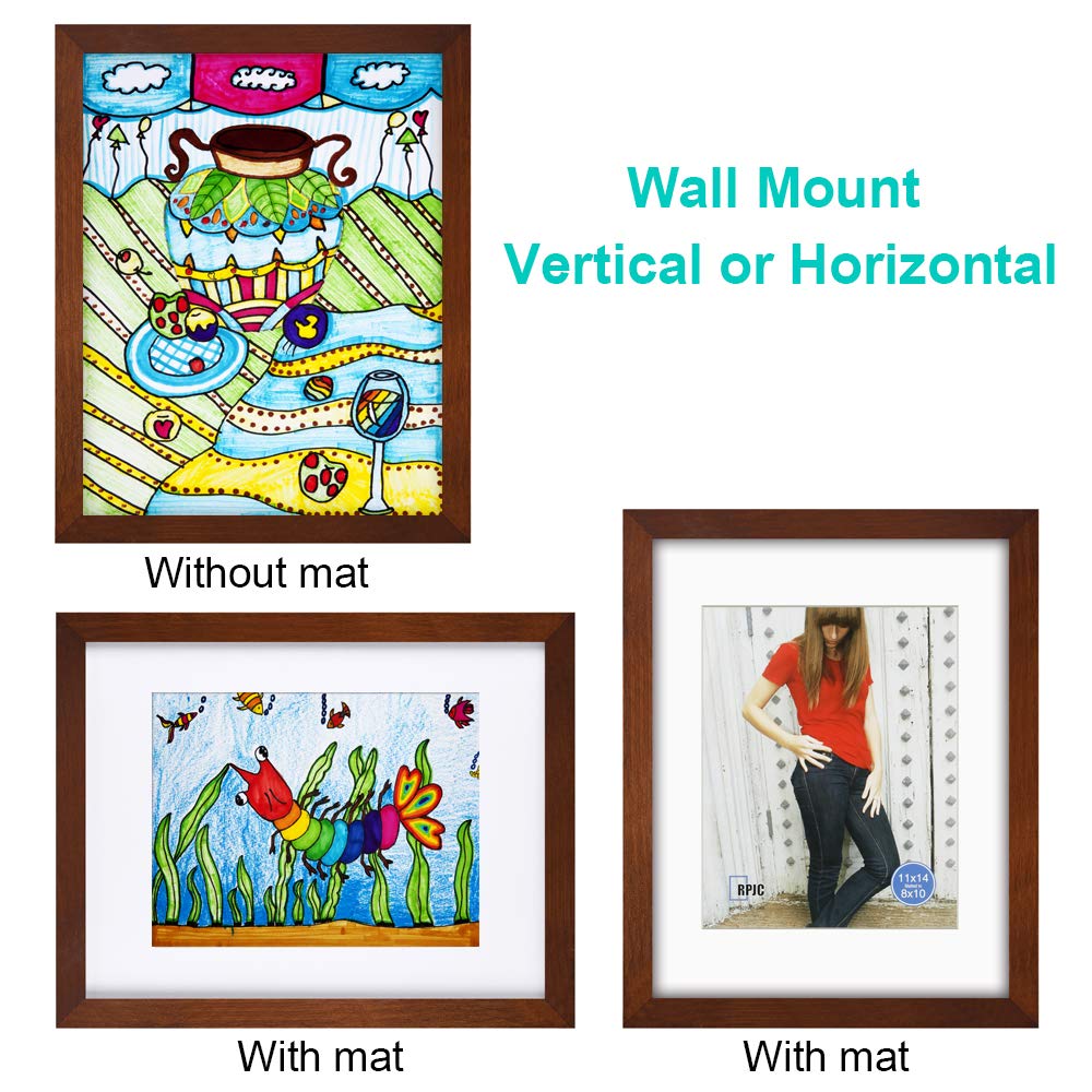 RPJC 11x14 Picture Frames Made of Solid Wood and High Definition Glass Display Pictures 8x10 with Mat or 11x14 Without Mat for Wall Mounting Brown RPJC