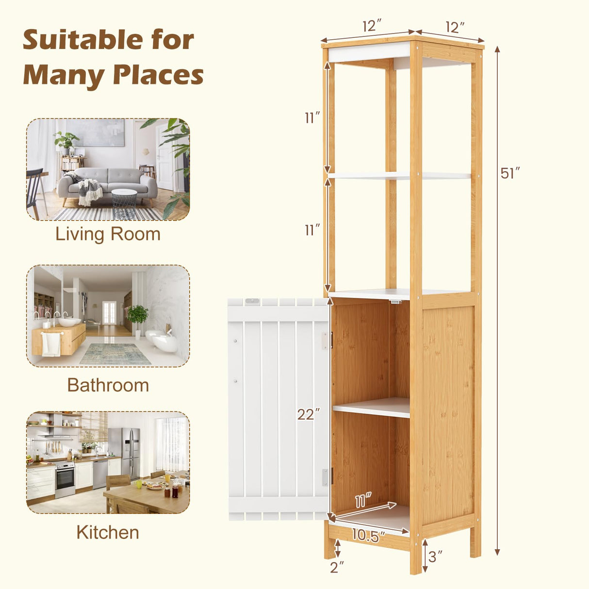 LOKO Bamboo Bathroom Storage Cabinet, Freestanding Floor Cabinet with Door, Adjustable Shelf & Open Shelves, Slim Narrow Linen Tower Cabinet for Living Room, Laundry Room, Kitchen, (White+Natural) LOKO