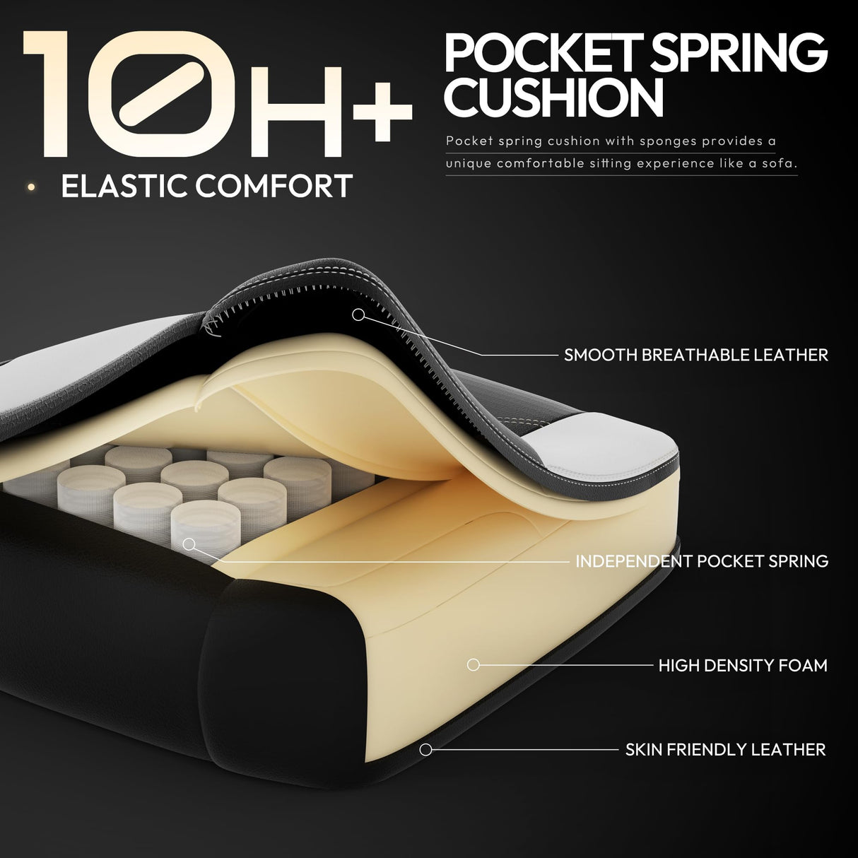 Dowinx Gaming Chair with Pocket Spring Cushion for Adults, Ergonomic Computer Chair with Footrest and Massage Lumbar Support, High Back Leather Game Chair for Office, Gaming, 300LBS, White Dowinx