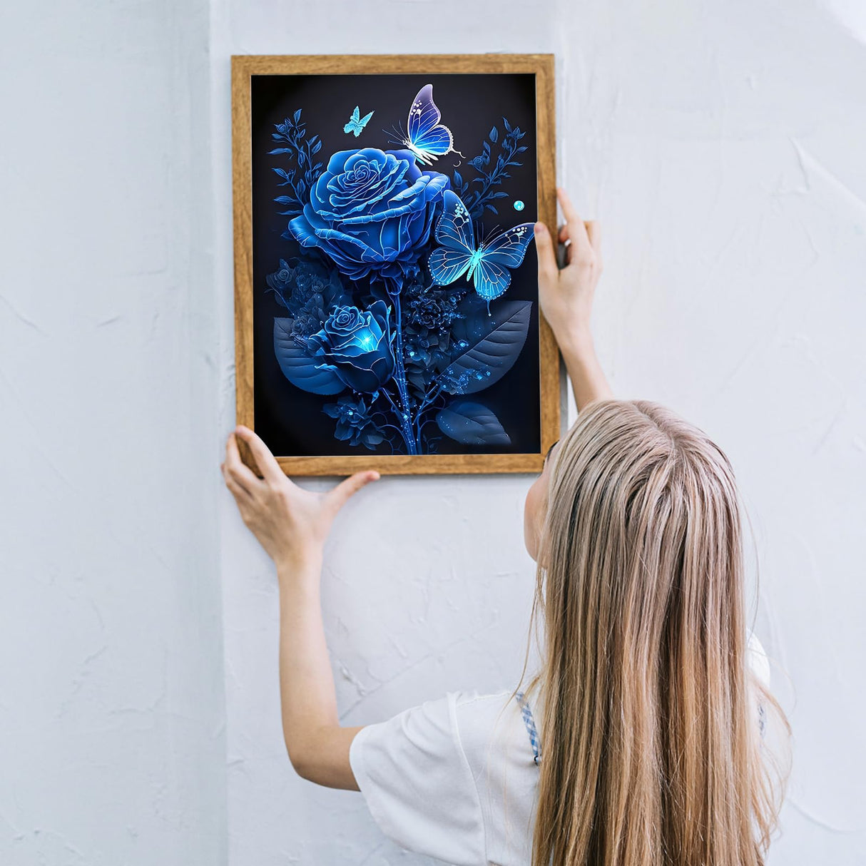 MOGTAA Blue Rose Diamond Art Kits for Adults, Glowing Butterfly Diamond Painting Kits for Beginners, DIY 5D Diamond Dots Kits Flowers Gem Painting for Home Wall Art Decor 12x16 inch MOGTAA