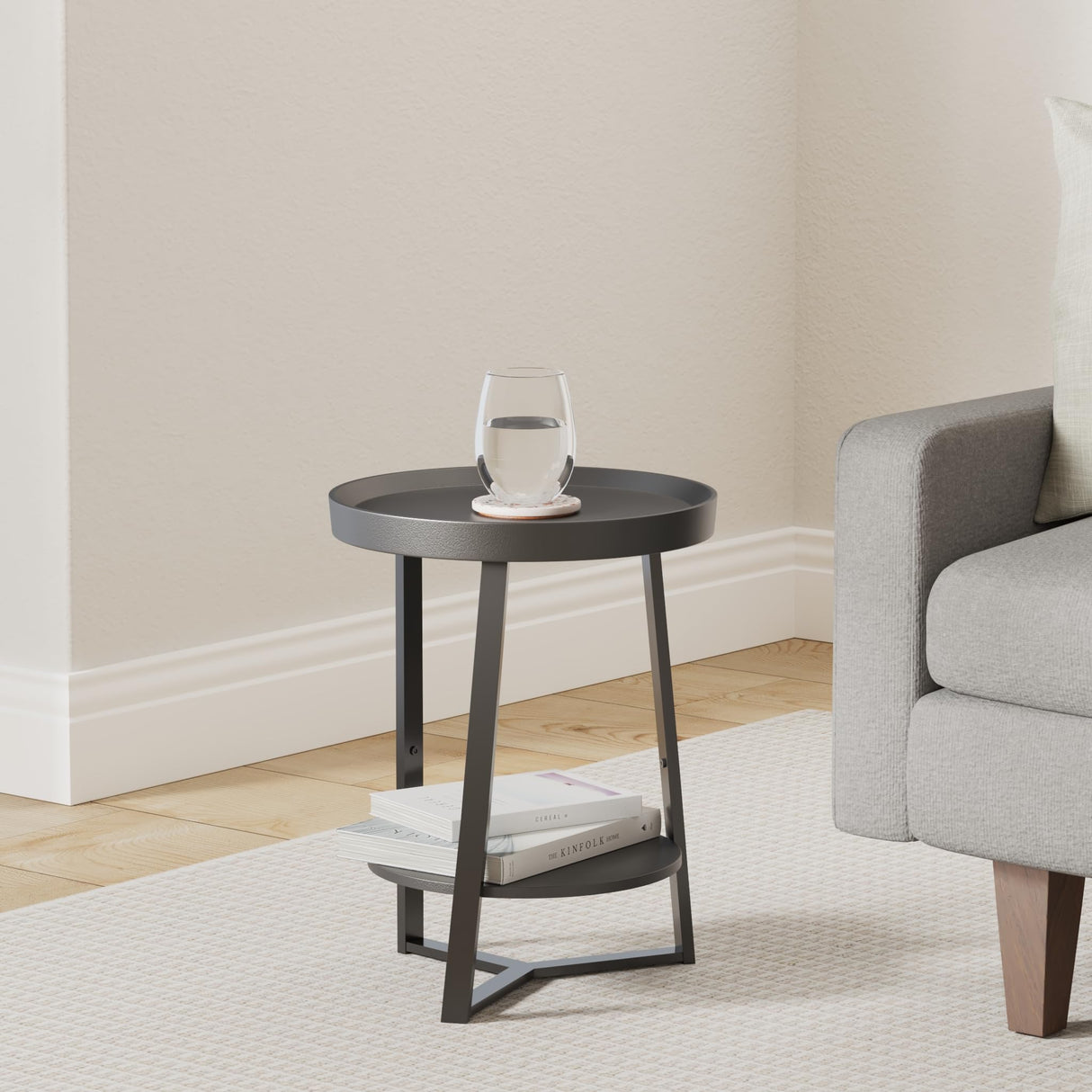 Gadroad Round End Table with Storage Shelf, 2 Tier Farmhouse Side Table Nightstand for Living Room, Bedroom, Wood Tabletop & Black Metal Frame, Black 15.7 * 15.7 * 23.6inches Gadroad