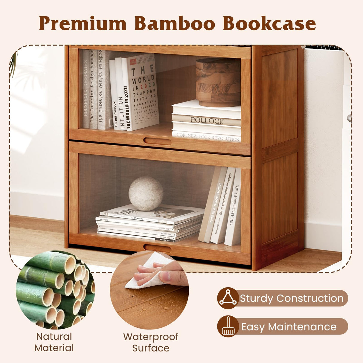 Giantex 4-Tier Bookcase with Clear Doors, 55" Bamboo Bookshelf with Flip-up Acrylic Doors, Freestanding Cube Storage Organizer with Shelves, Solid Wooden Display Cabinet for Living Room, Study, Brown Giantex