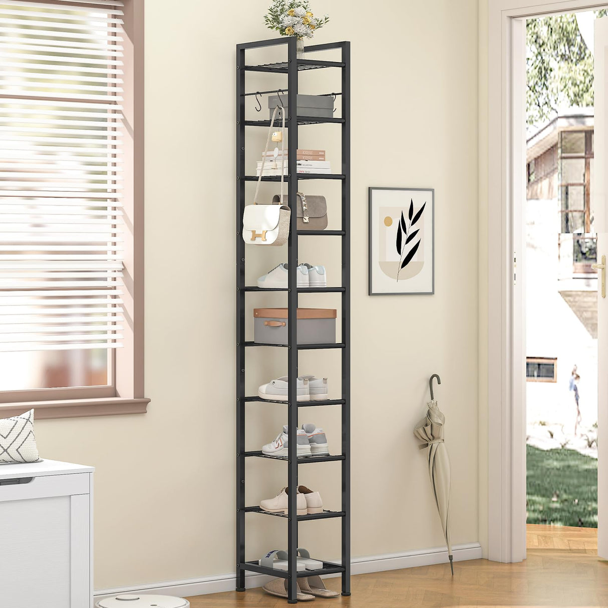USIKEY 10 Tiers Narrow Shoe Rack for 10-20 Pairs - Sturdy Metal Tall Shelf With 4 Hooks, Slim Storage Organizer, Space Saving Vertical Design for Entryway, Closets - Black usikey