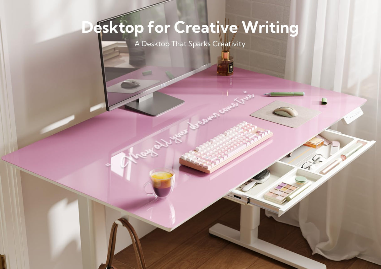 INNOVAR Glass Standing Desk with Drawers, Adjustable Height Electric Stand Up Desk, Small Standing Desk with Storage, 40 inch, Morandi Powder INNOVAR