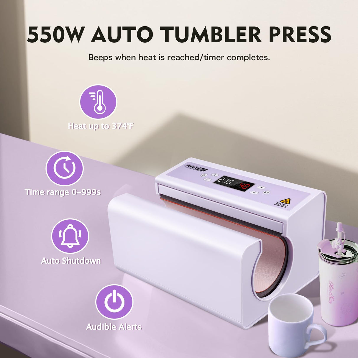 AKEYDIY Auto Tumbler Heat Press Machine, 30 OZ Tumbler Mug Heat Press Touch Screen, with Temp and Time Setting, Fast & Even Heating for 11-30oz Sublimation Tumblers, Mug, Cup (Purple Auto Mug Press) AKEYDIY