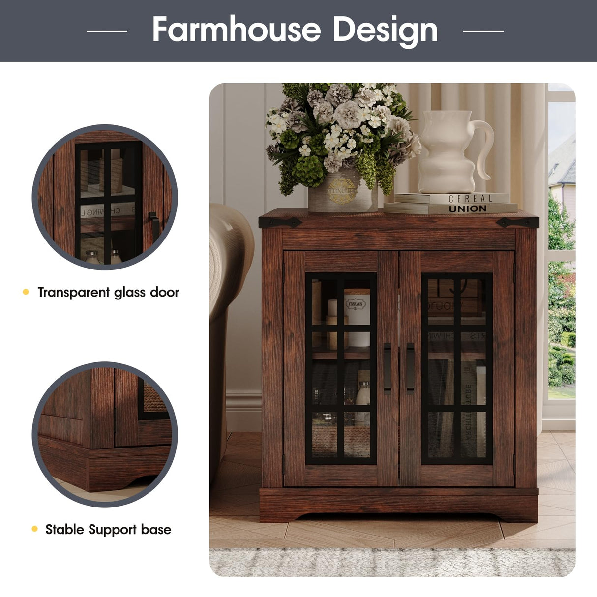 Fameill Farmhouse End Table with LED Lights,Sofa Side Table with Glass Barn Door,Wood Square Nightstand Bedside Table for Living Room,Bedroom,24" Large with Adjustable Storage Shelf,Brown Fameill