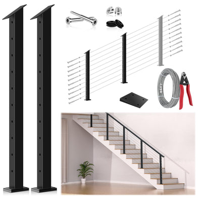 Gyykzz 2 Pack One-Stop Stair Cable Railing Post Kit, 36" Slant Fixed Top Stair Post with 5-Degree Spacers, Stair Railing System Including 2 Stair Post, 125ft Cable, 10 Sets Terminal, 60 Cable Grommets