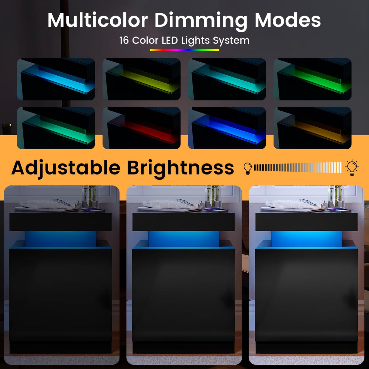 Breezestival 17" Nightstand with LED Lights Set of 2, Night Stand Bedside Table with Open Compartment, Modern End Side Table with Storage for Bedroom, Black Breezestival