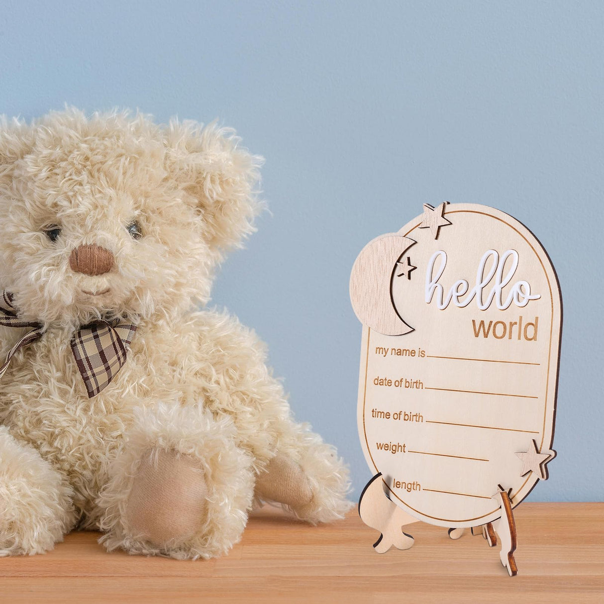 Baby Announcement Sign, 5.91x4.33 Inch Wooden Newborn Announcement Sign with Stand Wood Hello World Newborn Baby Name Sign Birth Announcement Sign for Home Hospital Nursery Gosknor