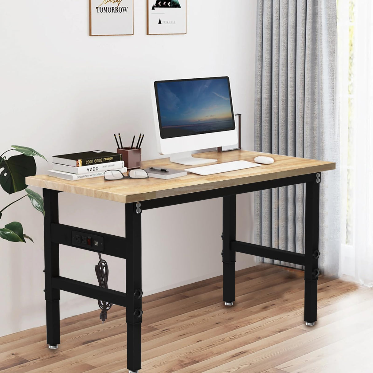 47.5" Adjustable Workbench, Rubber Wood Top Workbench with Power Outlet, Portable Heavy-Duty Work Bench for Garage, Workshop, Office, Home - 2000 lbs Capacity BMJX US