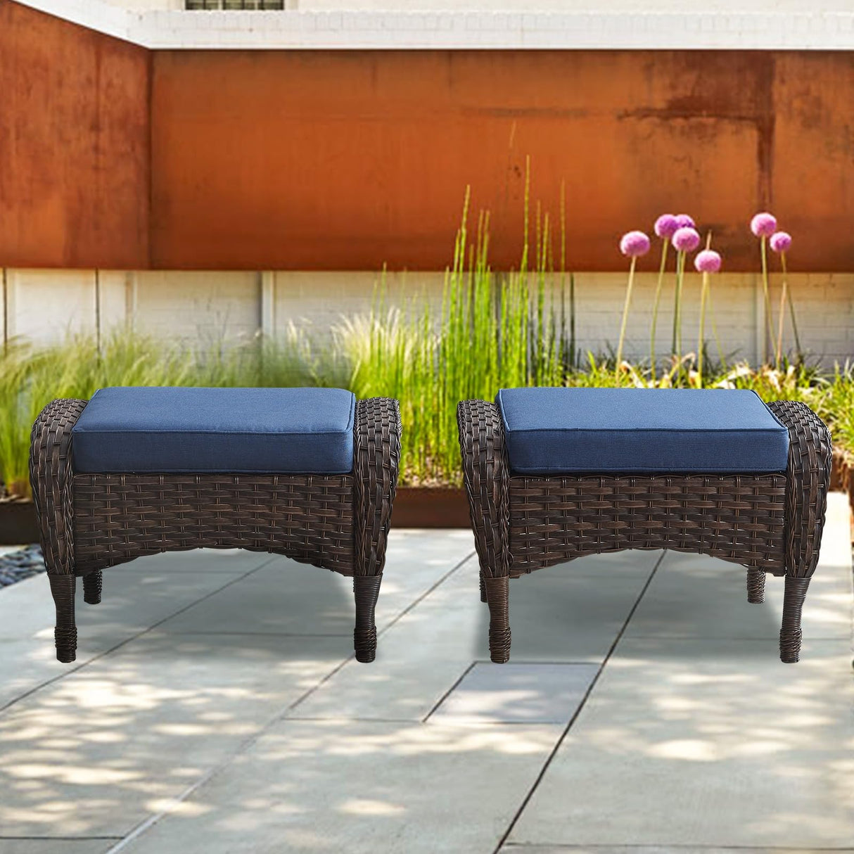 Belord Outdoor Ottomans for Patio Foot Rest - 25 Inch PE Wicker Foot Stool Set of 2 with Removable Cushions for Patio Furniture Sets,All Weather Rattan Ottoman for Balcony Deck Backyard Brown Belord