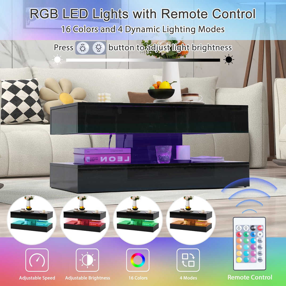 Verano Garden Modern High Gloss LED Coffee Table with Storage, 2-Tier Center Table with Open Display Shelf & 2 Sliding Drawers, Rectangle Coffee Tables for Living Room, Bedroom Verano Garden