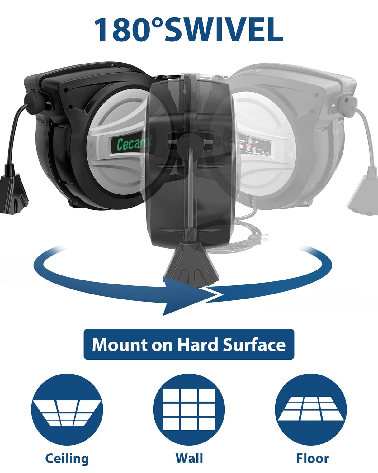 Cecarol Extension Cord Reel 12AWG/3C SJTOW 65FT Retractable Cord with Triple Tap, 15A/ 125V/ 1875W, Slow Retraction Tech, Circuit Breaker, Power Indicator, 180° Swivel (65FT, Black) Cecarol