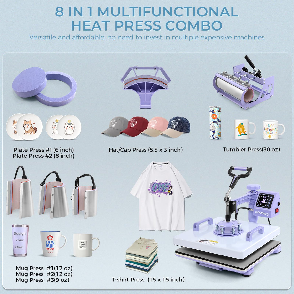 Whubefy Heat Press 15x15 inch 8 in 1 with 30OZ Tumbler Press, Slide Out 360° Swing Away Digital Shirt Press Machine, Industrial-Quality Heat Transfer Sublimation for T-Shirt/Tumbler/Mug/Hat/Cap/Plate Whubefy