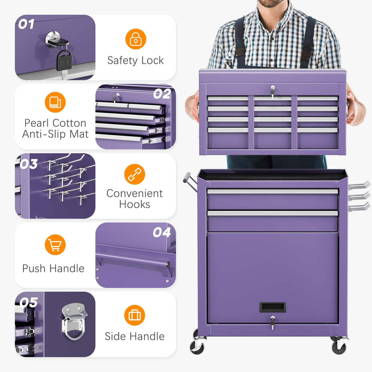 INTERGREAT Purple Tool Chest, 5-Drawer Rolling Tool Storage Cabinet with Detachable Top Tool Box, Tool Chest with Universal Lockable Wheels, Metal Tool Cart for Garage, Workshop, Barbershop INTERGREAT