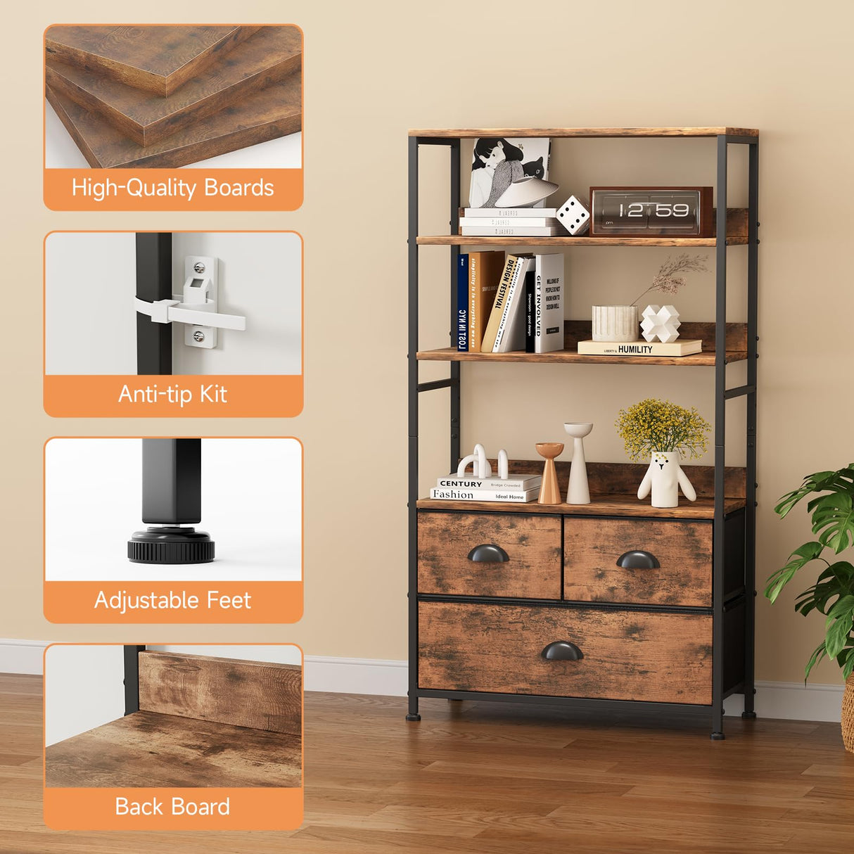 6 Tier Bookshelf, 47-Inch Small Bookcase with 3 Fabric Storage Drawers, Wood and Metal Book Shelf Storage Organizer, Industrial Display Standing Shelf Unit for Bedroom, Living Room, Rustic Brown Mexin