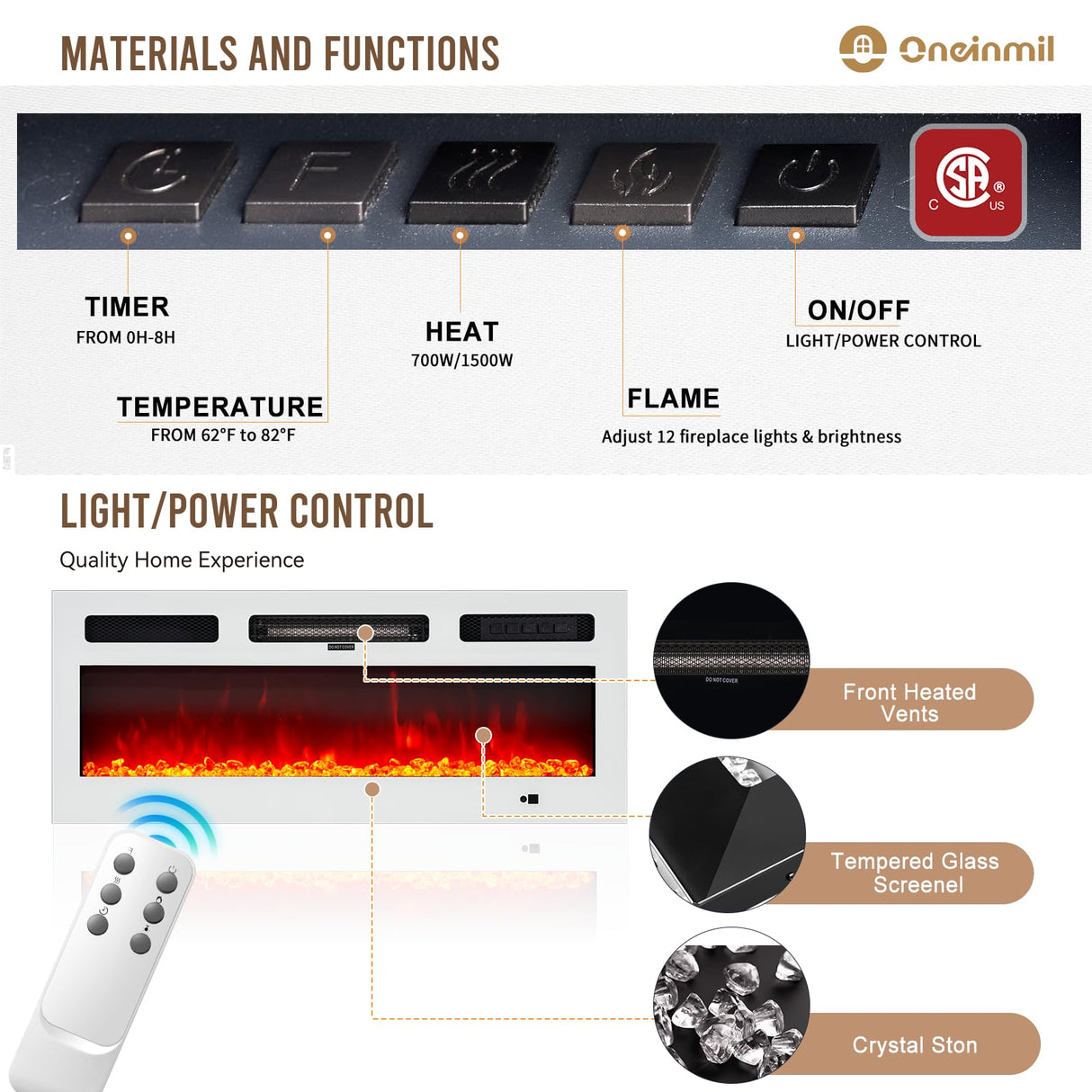 oneinmil Fireplace TV Stand with 36” Electric Fireplace, 70” 2 Tier TV Console Stand for TVs Up to 80", LED Light Entertainment Center, Fireplace for The Living Room TV Stand, White oneinmil