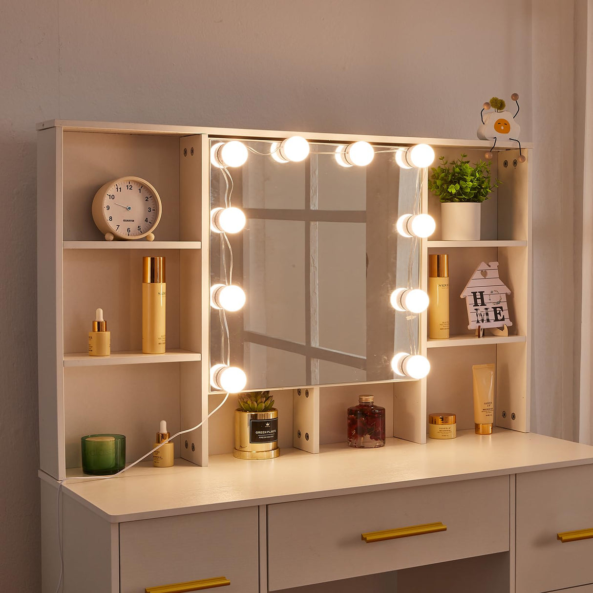 Caulitar 39" Vanity Desk with Mirror and Lights, White Vanity Table with 7 Drawers & 9 Storage Shelves, Hollywood Lighted Mirror with10 Dimmable Blubs, Makeup Table Vanity for Teen Girls Women H3240 Caulitar