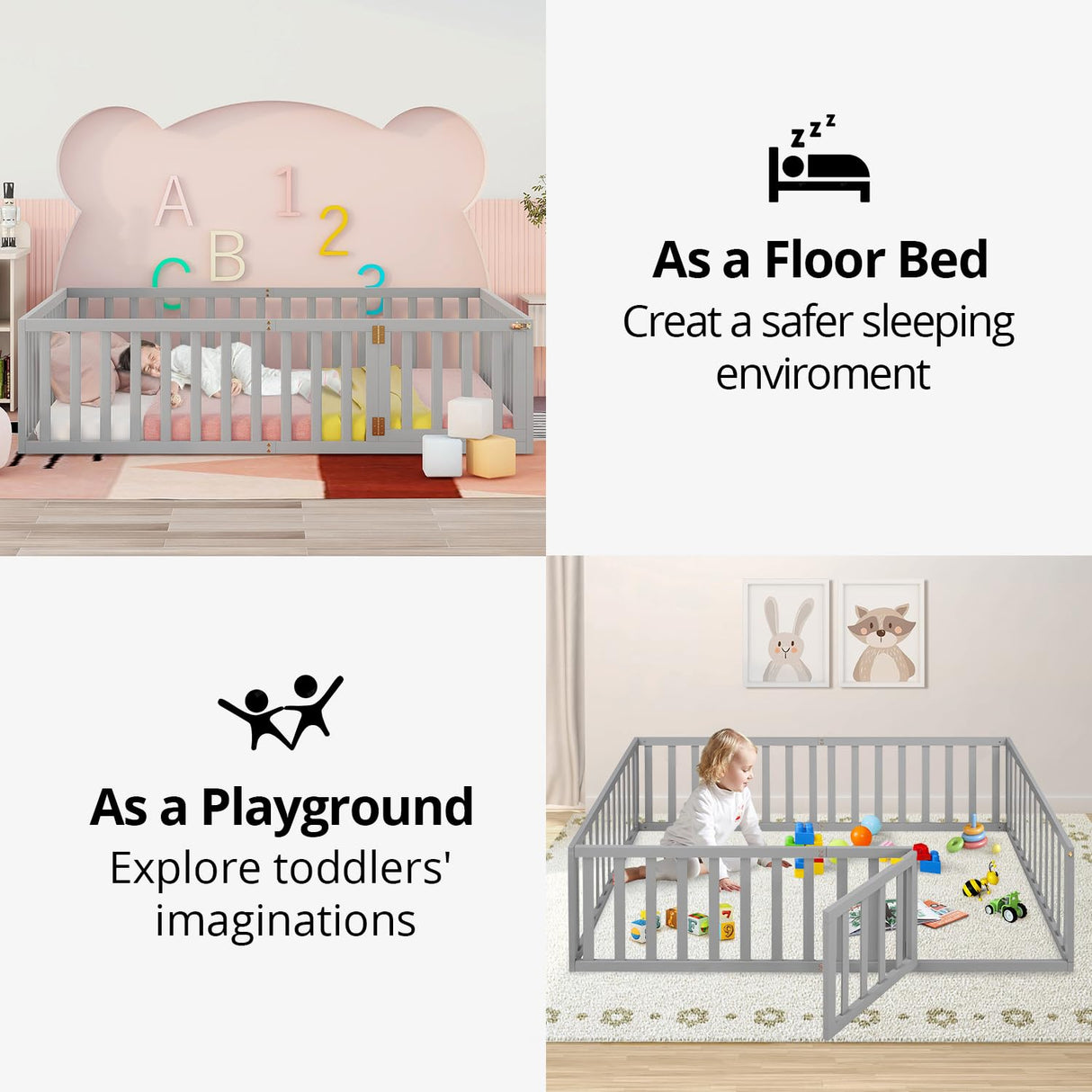 Solid Wood Montessori Floor Bed for Kids with Fun Door Design & Safety Guardrails - Easy Assembly in Gray LLS