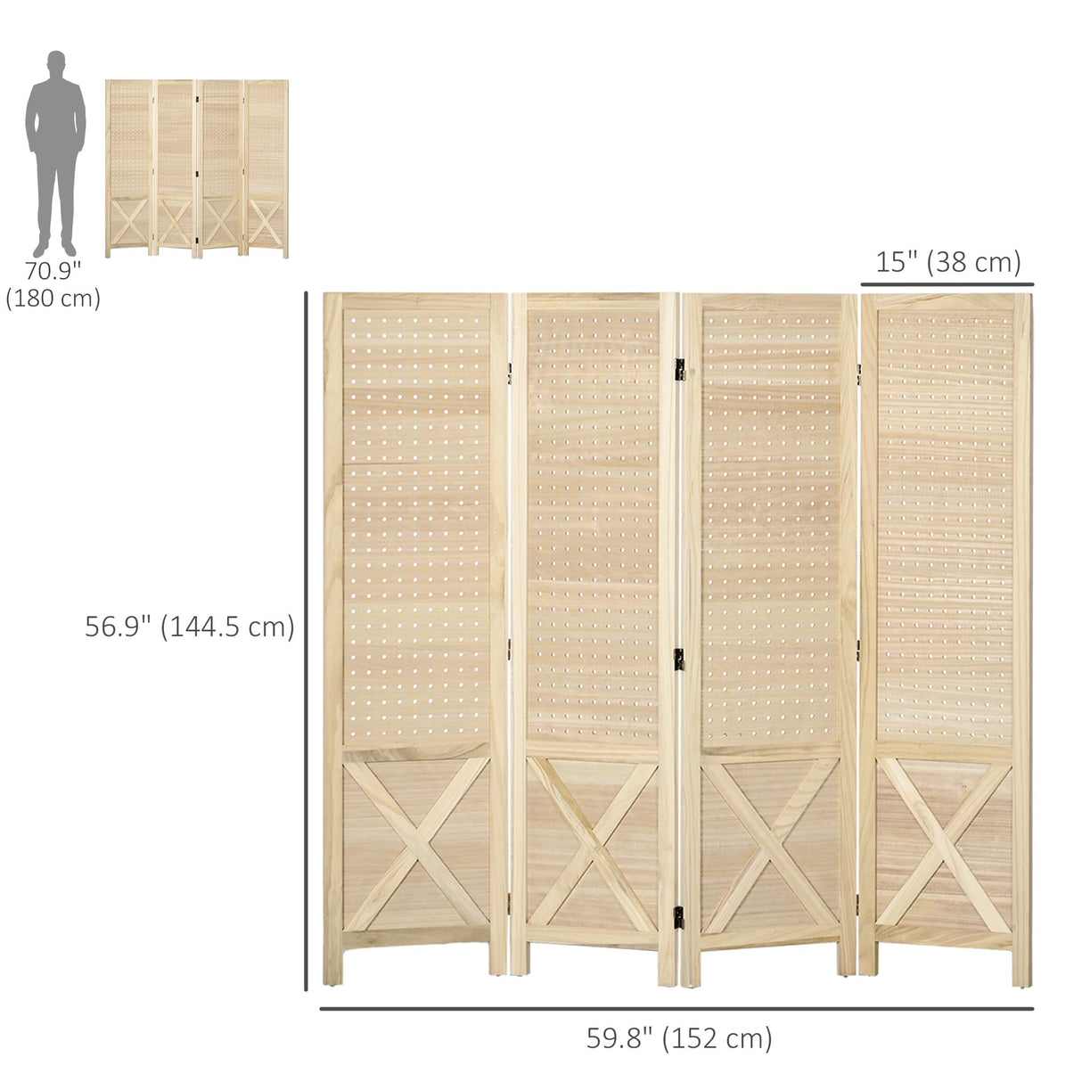 HOMCOM 4 Panel Pegboard Display Room Divider, 4.7' Tall Wood Indoor Portable Folding Privacy Screen, Partition Wall Divider for Home Office, Natural HOMCOM