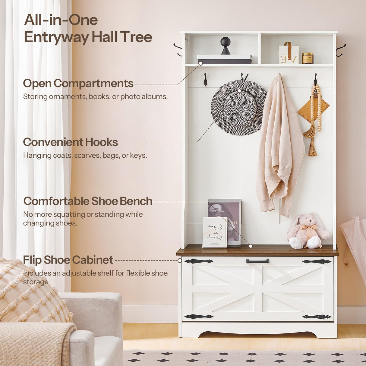 HOOBRO Hall Tree with Bench, Entryway Bench with Coat Rack and Shoe Cabinet, Flip Drawers, Farmhouse Hall Tree with Shoe Organizer, Mud Room, White and Walnut WH85MT01 HOOBRO