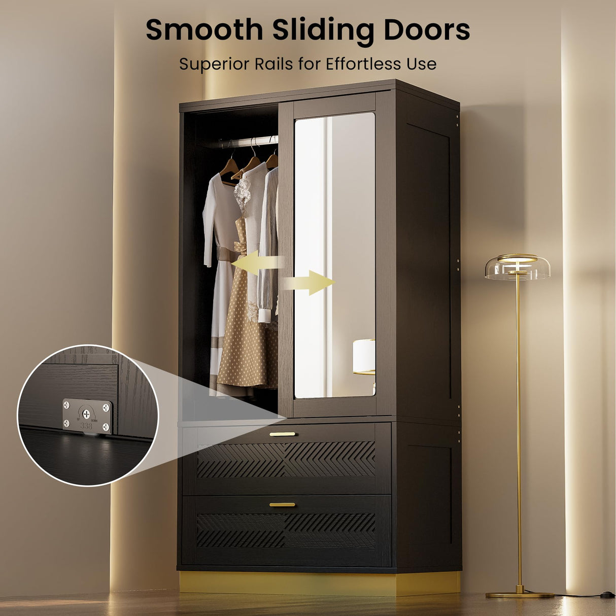 71" Modern Armoire Wardrobe Closet with Mirror, 2-Door Tall Wardrobe Closet with Sliding Doors 2 Large Drawers Hanging Rod Anti-Tip Kit Freestanding Closets for Bedroom, Apartment, Cloak Room ANCTOR