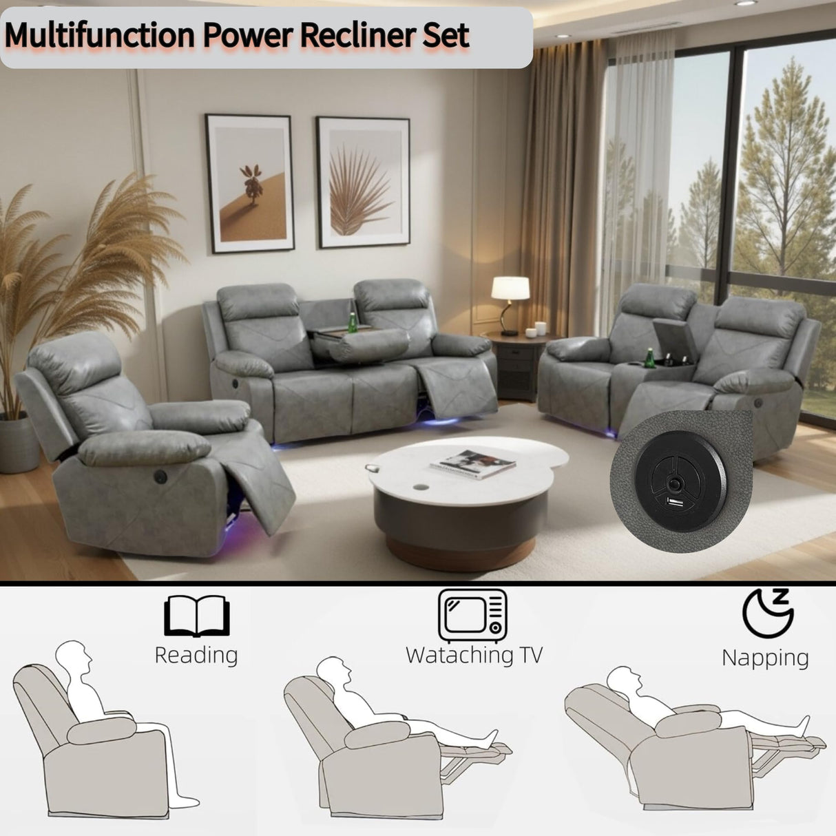 Air Leather Power Recliner Sofa Set with LED, Reclining Living Room Furniture Sets, Power Recliner Couch Set with USB Ports for House/Home Theater (Grey, Sofa+Loveseat+Chair) AYCP Furniture
