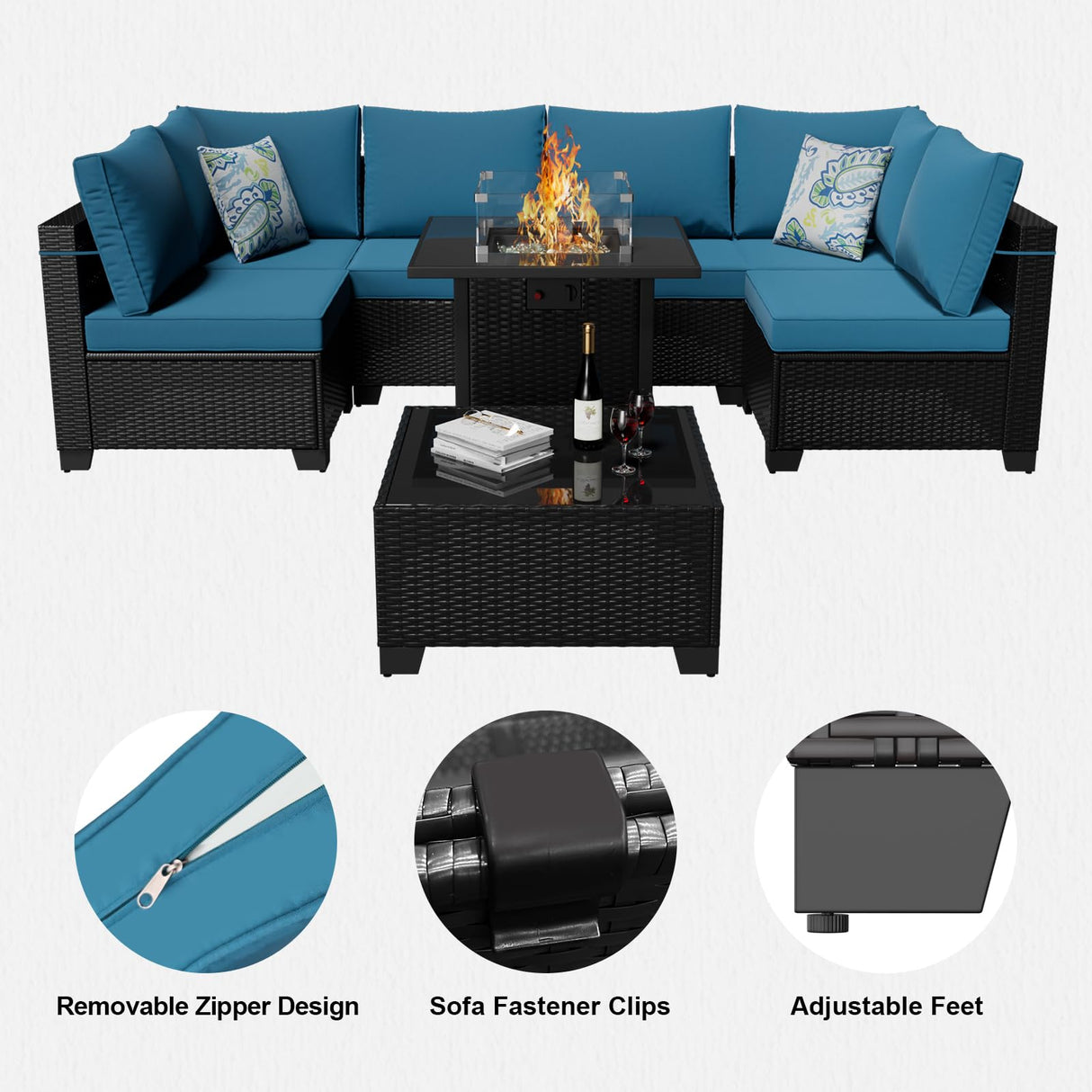 Ophelian 8 Piece Wicker Patio Furniture Set with Fire Pit Table, Rattan Outdoor Sectional Sofa, Patio Couch Set for Backyard, Garden, Deck (Coffee/Peacock Blue) Ophelian