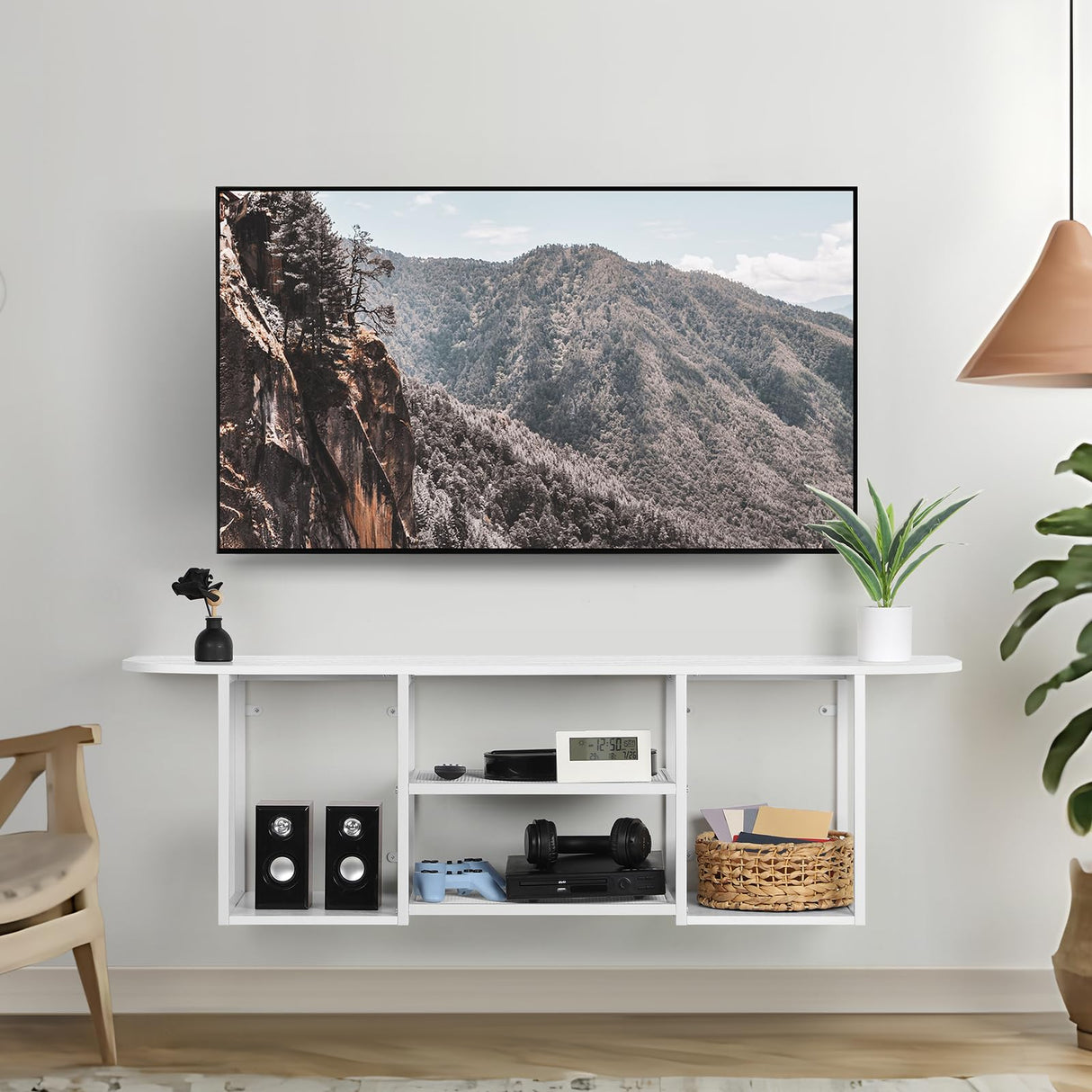 ETELI Floating TV Shelf Stand Under TV Wall-Mounted Entertainment Center Industrial TV Media Console Table with Storage for Bedroom 50" TV Living Room Office, White ETELI