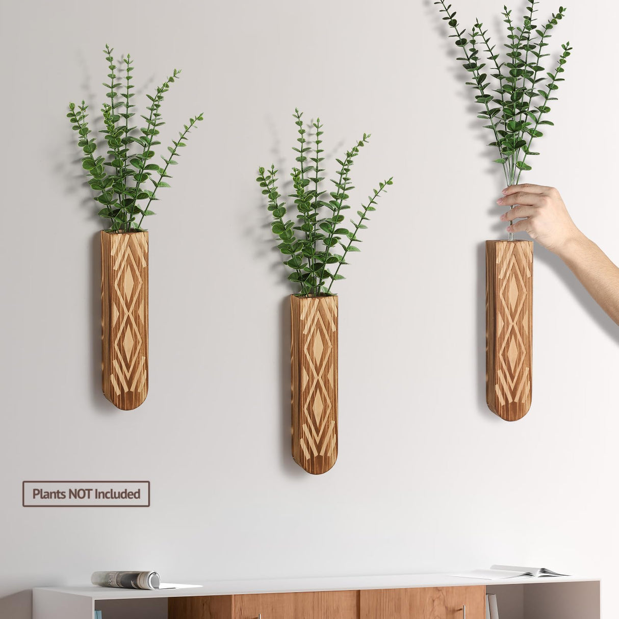 WEWEOW Wall Planter, Geometric Pattern Wall Vase for Living Room and Farmhouse Wall Decor, 3 Pack Hanging Planter for Holding Dried Flowers and Faux Greenery, Modern Wood Planter WEWEOW