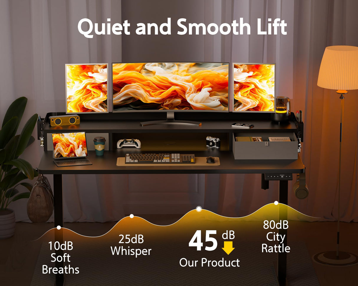 WALKINGDESK 55x24 Inches Electric Standing Desk with 2 Drawers, Height Adjustable Stand up Desk for Home Office, Ergonomic Sit to Stand Desk with Storage Shelf, DIY Board, Hooks, Black WALKINGDESK