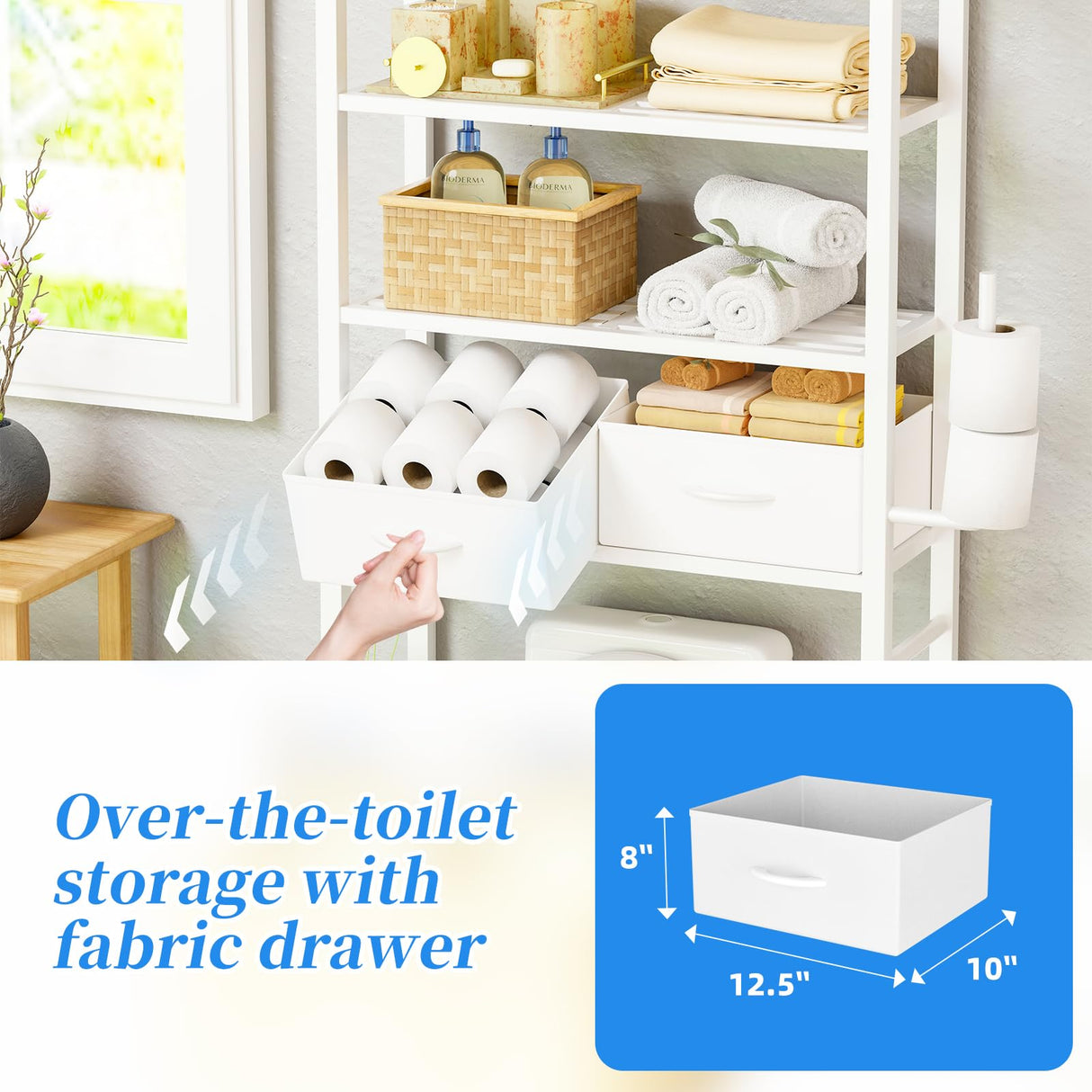 Simple Trending 4 Tier Over The Toilet Storage with Drawers, Heavy Duty Bathroom Stand Organizer Metal Shelves for Laundry, White Simple Trending