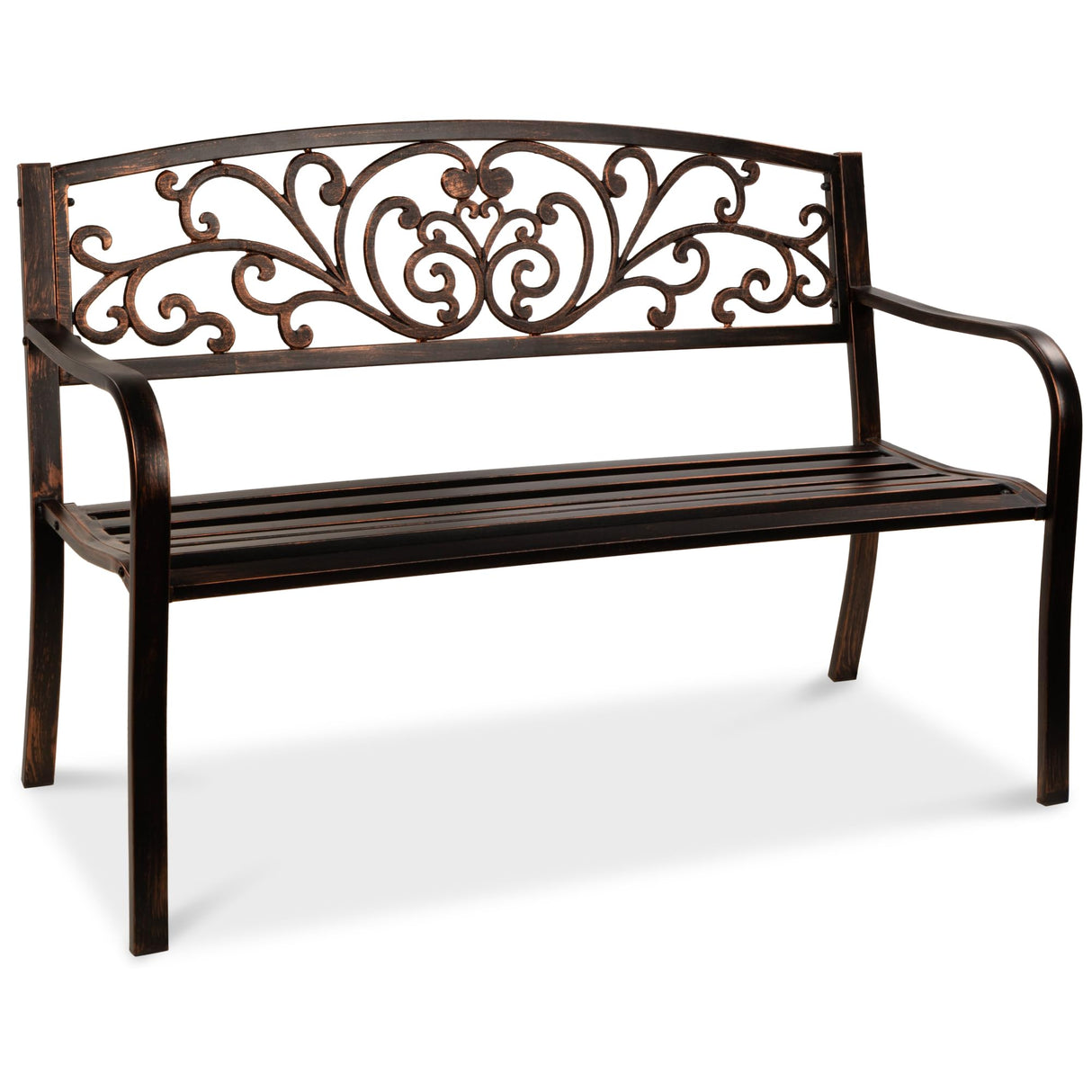Best Choice Products Outdoor Bench Steel Garden Patio Porch Furniture for Lawn, Park, Deck w/Floral Design Backrest, Slatted Seat - Brown Best Choice Products