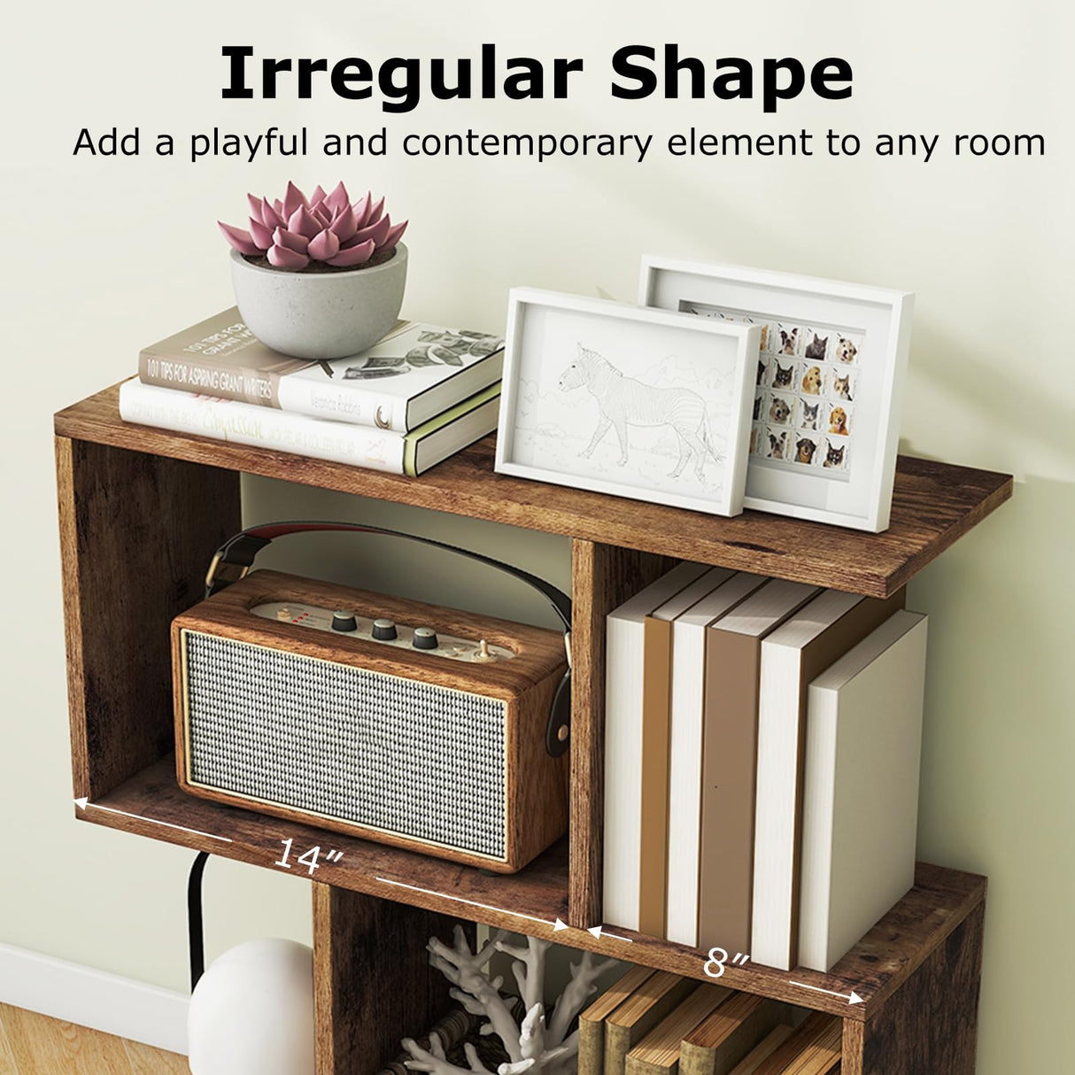 LOKO 3-Tier Geometric Bookshelf, S-Shaped Open Bookcase, Freestanding Decorative Storage Shelving, Home Storage Organizer for Living Room, Bedroom, Home Office (1, Rustic Brown) LOKO