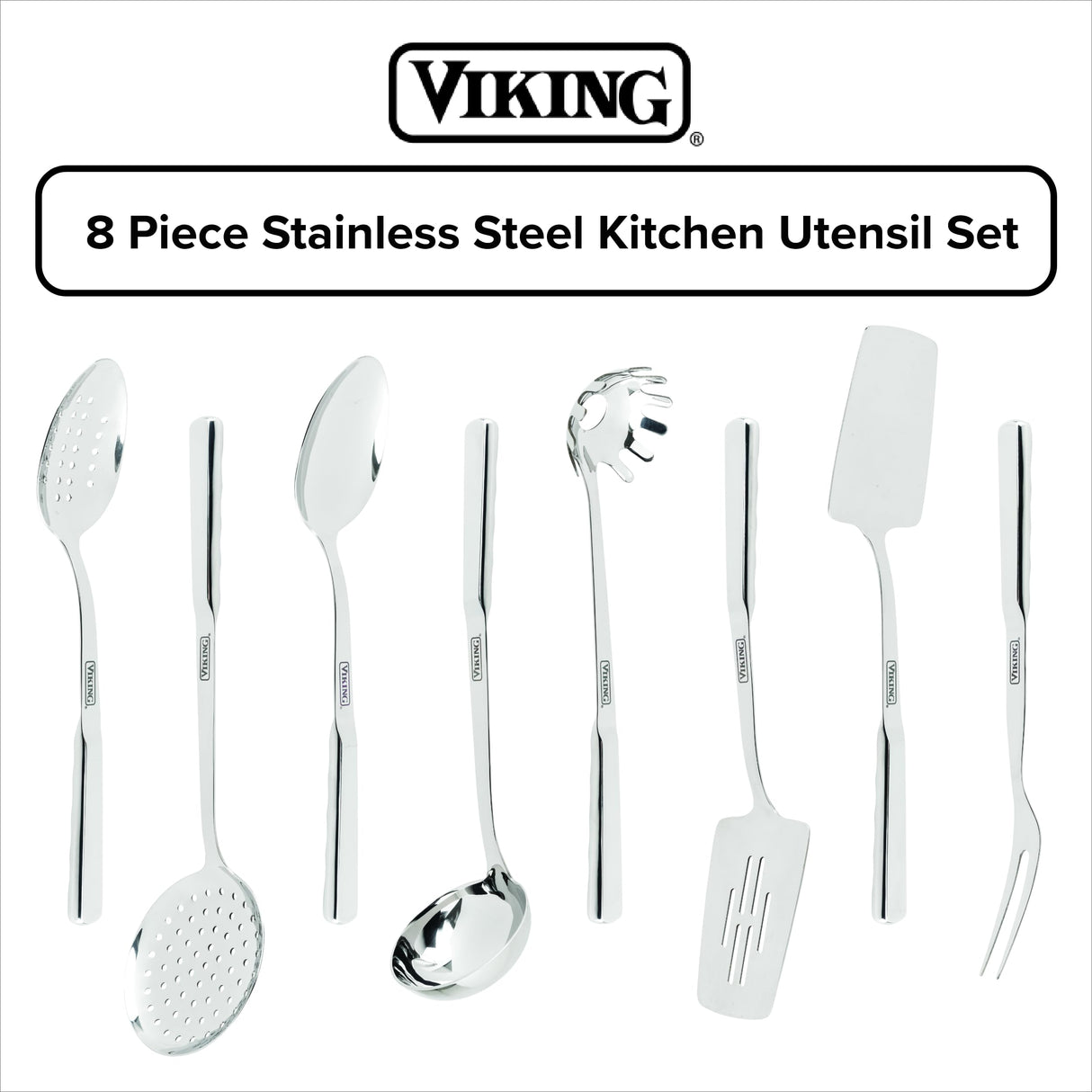 Viking Kitchen Utensils Set, 8 Piece Stainless Steel Cooking Utensil Set, Includes Spatulas, Spoons, Pasta Fork, Deep Ladle, Meat Fork, and Skimmer, Silver Viking