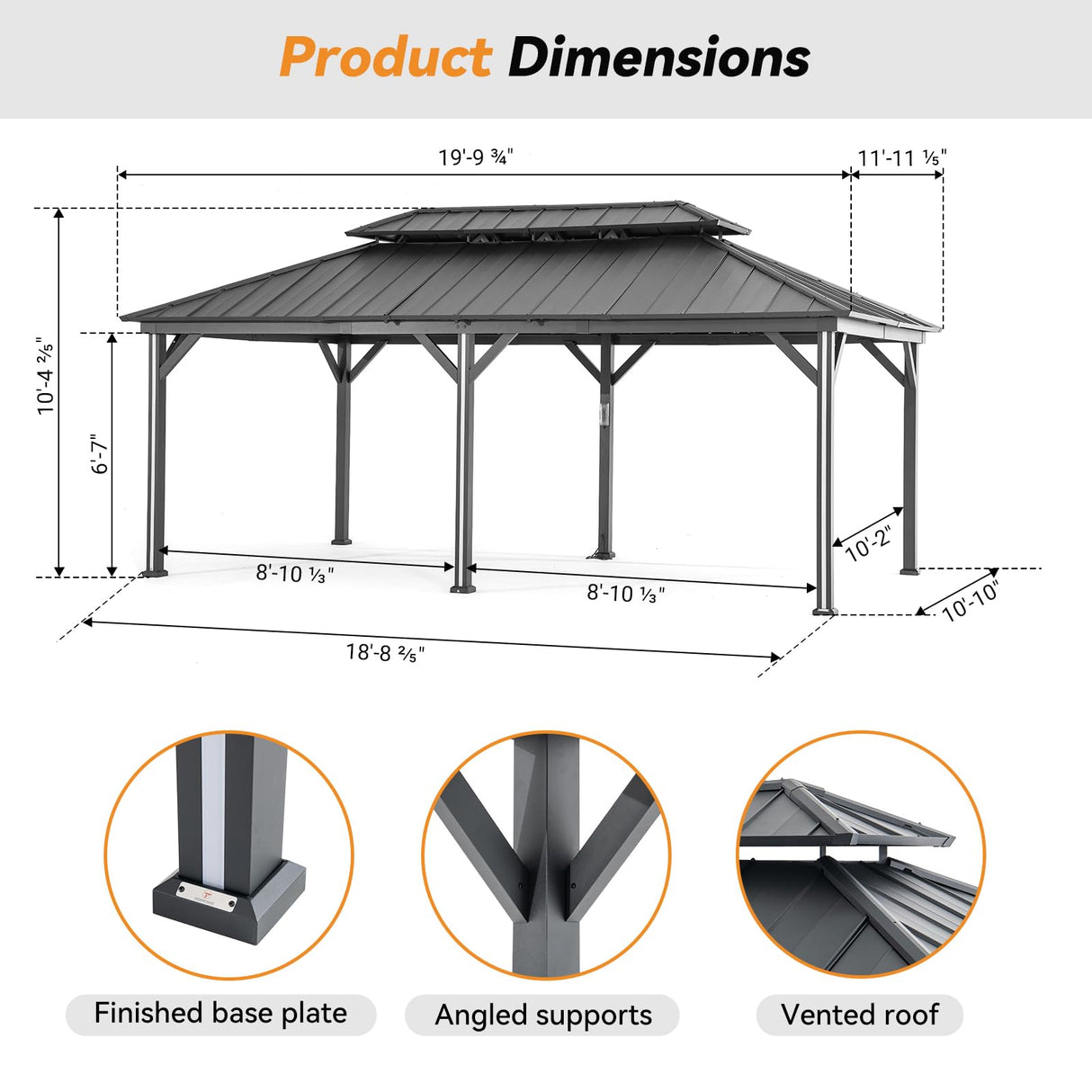 Modern Shade Hardtop Gazebo 12' x 20' Gazebo with 6 LED Lights, Outdoor Gazebo with Galvanized Steel Double Roof, Metal Gazebo with USB & USB-C Charging Port Deck, Netting and Curtains for Patios Modern Shade Outdoor Living Spaces