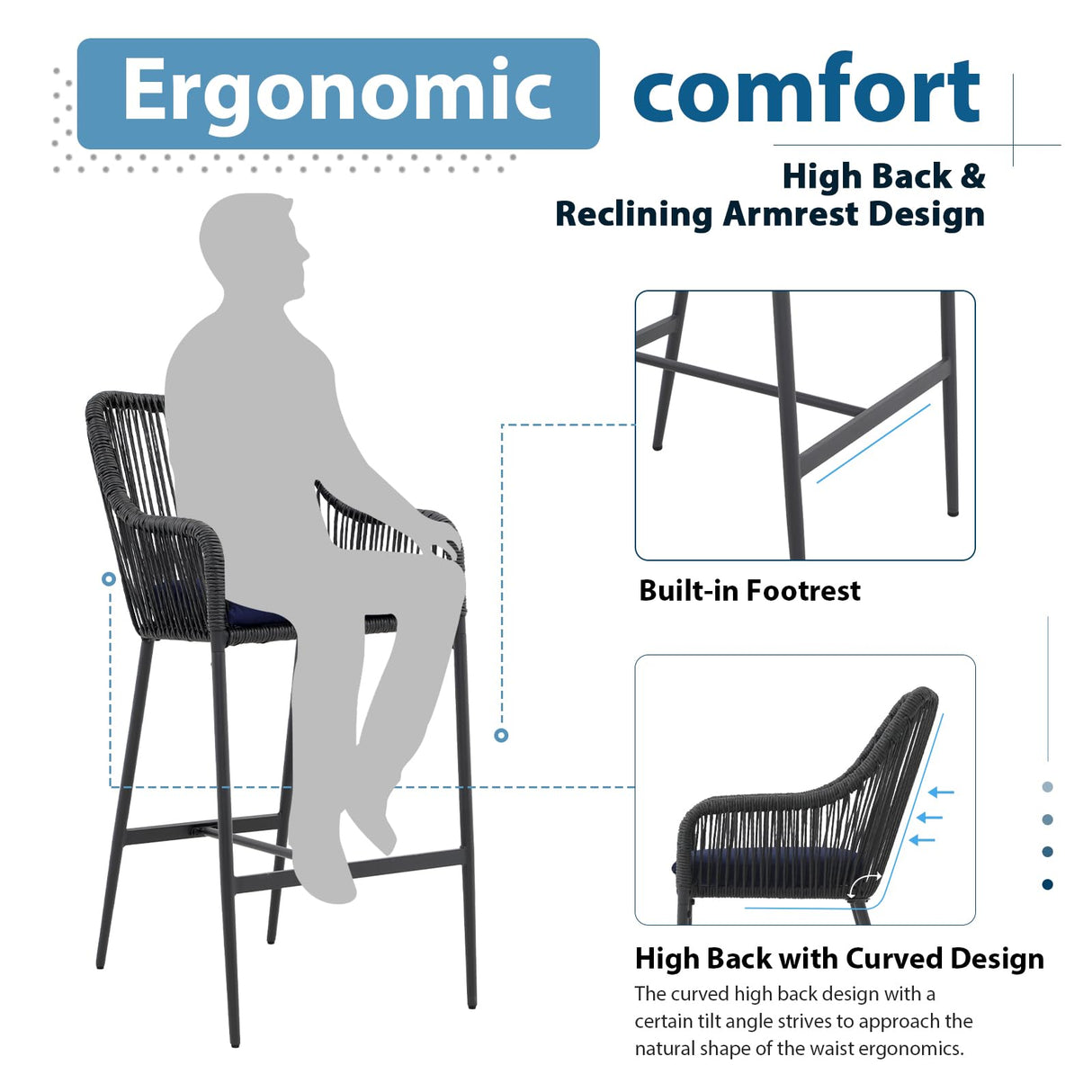 JOIVI 5-Piece Patio Bar Dining Set, Bar Height Outdoor Table and Chairs Set with 4 Bar Stools, Cushions & 41" Table for Patio, Poolside, Backyard, Bar Table Set, Tempered Glass Tabletop, Blue JOIVI