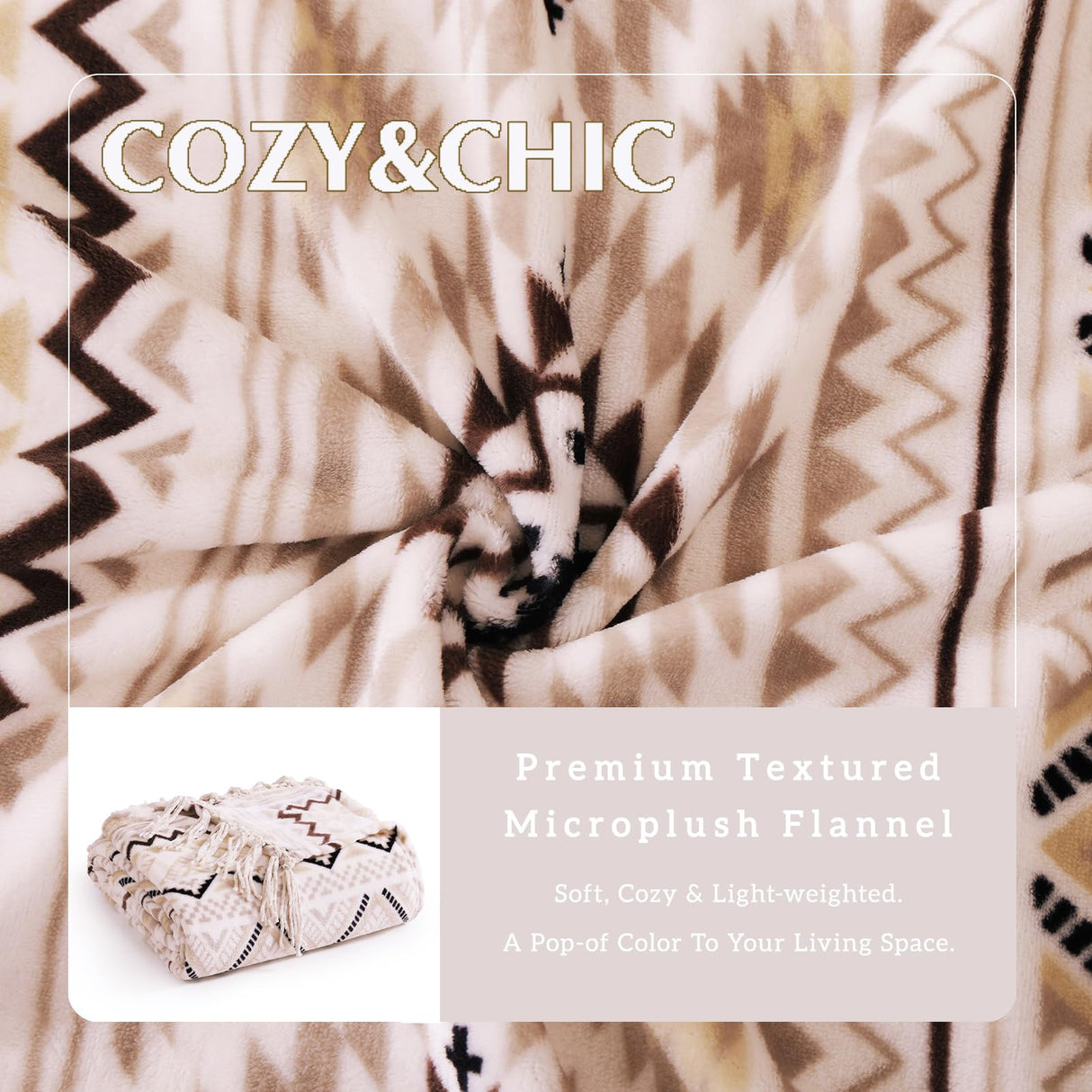 CASAAGUSTO Boho Throw Blanket - Beige and Gray Decorative Blankets with Tassel, Printed Flannel Bohemian Blanket for Chair, Bed, Sofa, Couch(50 * 60, Beige and Gray) CASAAGUSTO