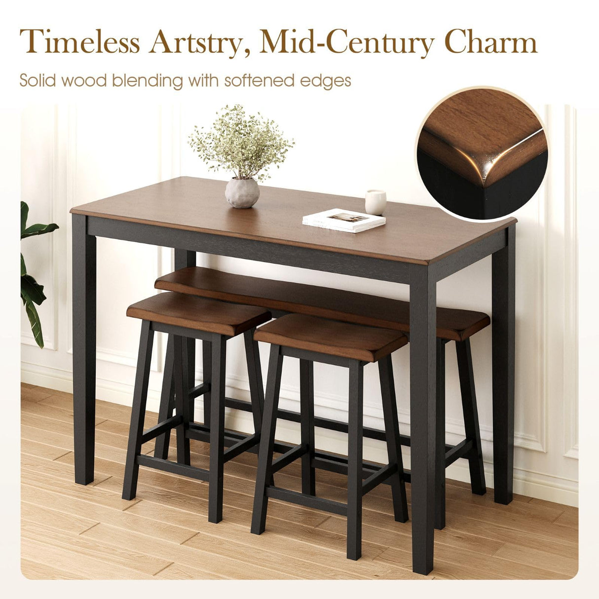 Sophia & William Dining Table Set for 4, Wooden Kitchen Table Set with Bench and 2 Chairs, Space-Saving Farmhouse Dining Sets, Walnut & Black Sophia & William