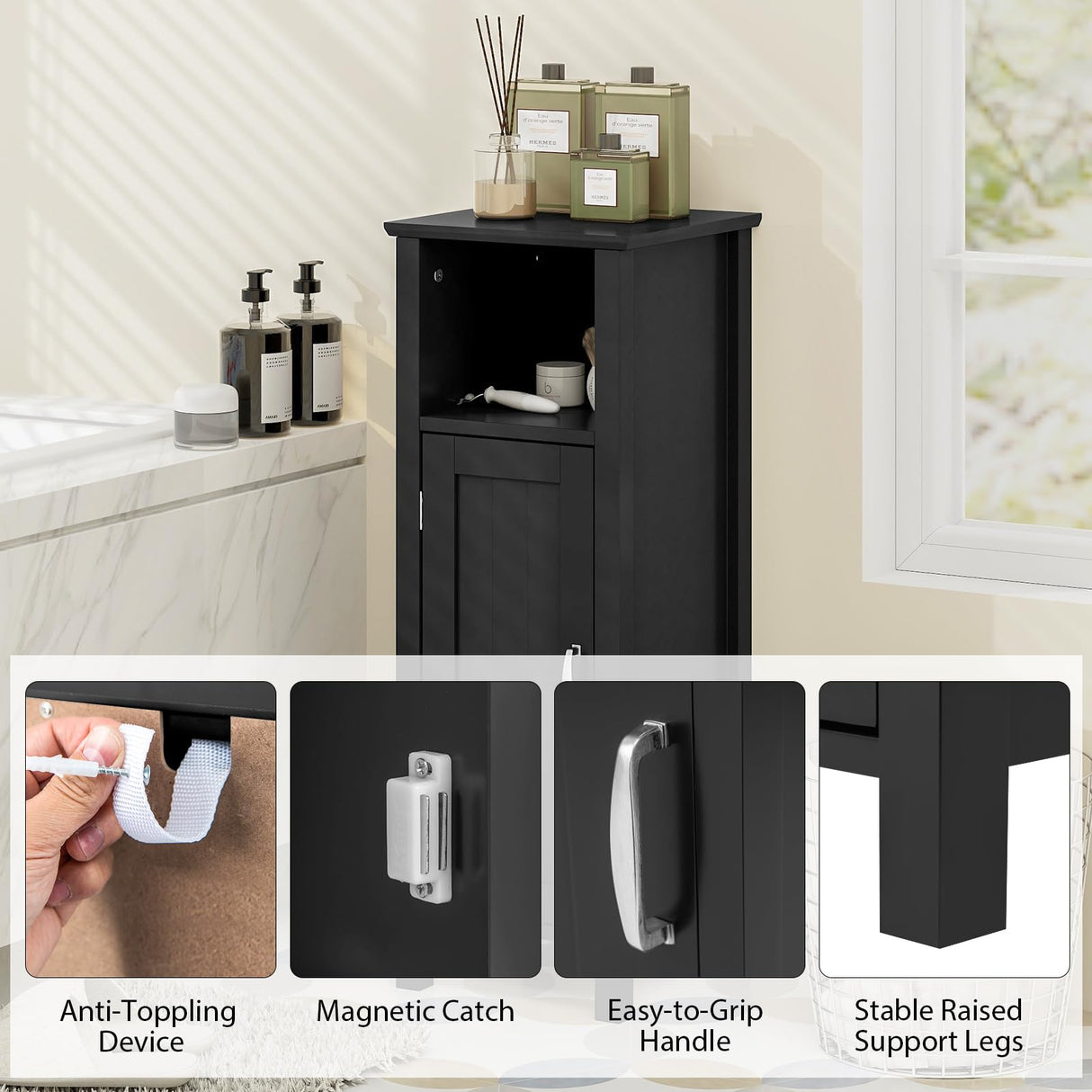 Tangkula Bathroom Floor Cabinet, Storage Cabinet with Anti-Tipping Device, 3-Height Adjustable Shelf, Wood Freestanding Side Cabinet for Bathroom Home Office, 12 x 12 x 31.5 Inches (Black) Tangkula